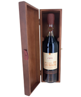 Chateau de Laubade Armagnac Vintage 1901 open wooden presentation case showing the bottle image.