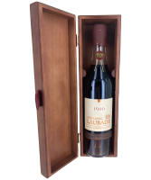 Chateau de Laubade Armagnac Vintage 1910 open wooden presentation case showing the bottle image.
