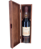 Chateau de Laubade Armagnac Vintage 1918 open wooden presentation case showing the bottle image.