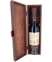 Chateau de Laubade Armagnac Vintage 1967 open wooden presentation case showing the bottle image.