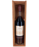 Chateau de Laubade Armagnac Vintage 1985 open wooden presentation box showing the bottle image.