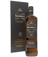 Bushmills 21 Year Old Irish single malt whiskey bottle and presentation box image.