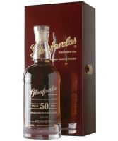 Glenfarclas 50 Year Old very rare and fine Speyside single malt bottle and presentation polished wooden case image.