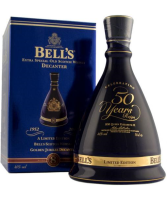 Bells 8yr Queen's Golden Jubilee 2002 Limited Edition Blended Scotch whisky in ceramic decorative black and gold decanter with gift box image.